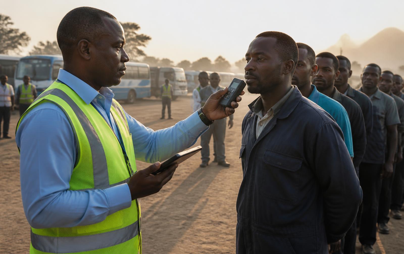 Fleet supervisor testing a truck driver before dispatch at a Kigali depot