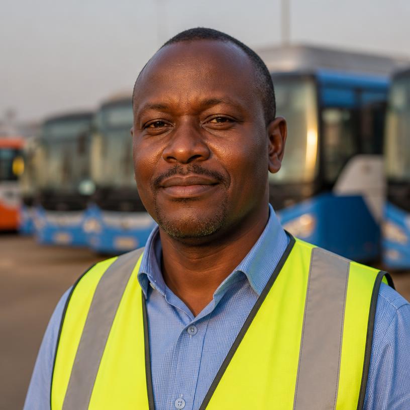 Fleet operations manager in a high-visibility vest at a bus depot in Kigali