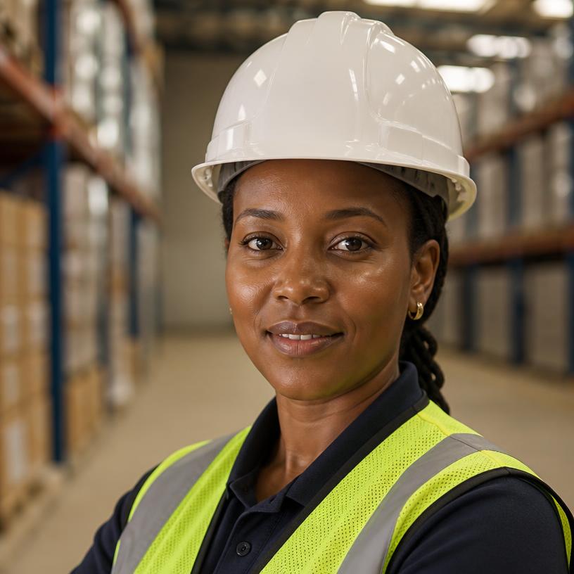 Workplace safety officer wearing a hard hat and reflective vest inside a warehouse