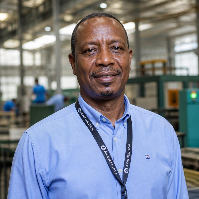 Compliance manager with an ID lanyard on a manufacturing plant floor