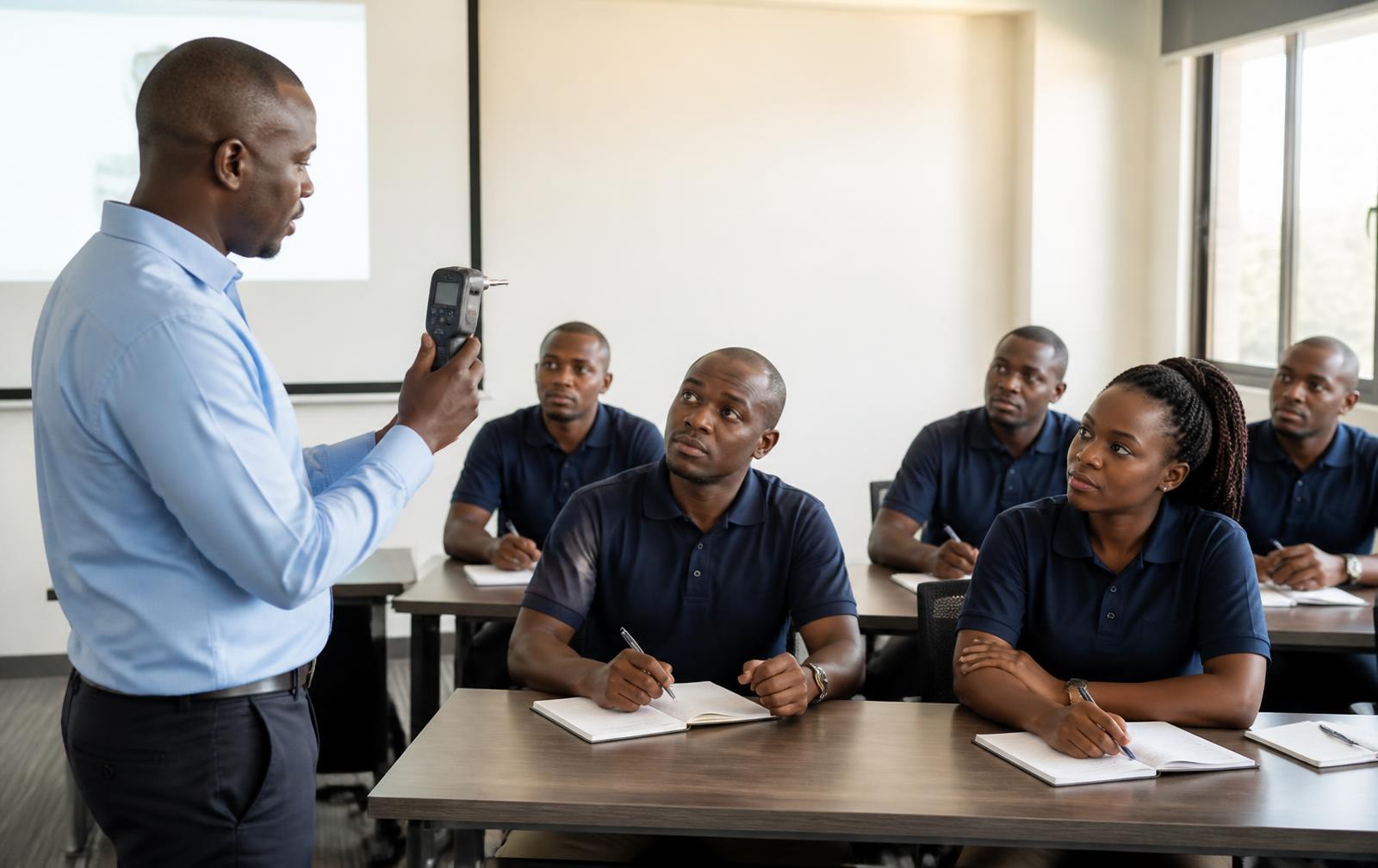Operators being trained on breath alcohol testing procedure in a classroom