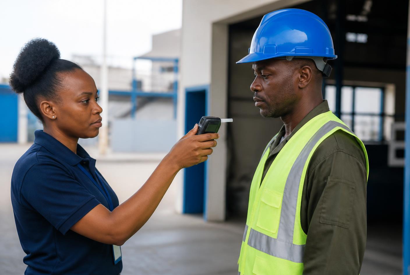 Safety officer screening a worker at arm's length with a handheld breathalyzer, no contact