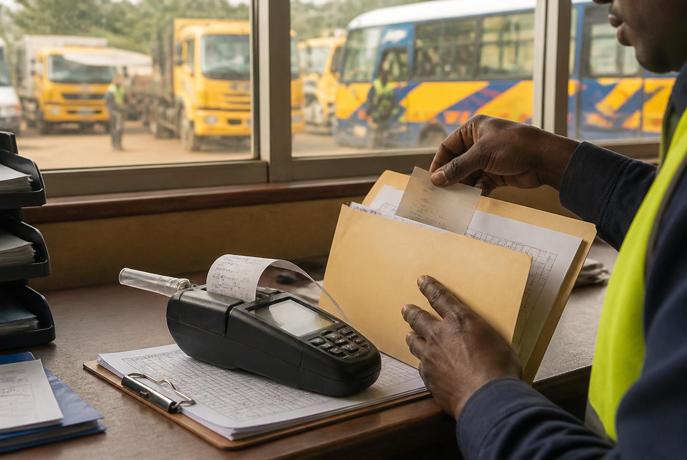 Printed breath test slip being filed into a fleet records folder at a transport depot office