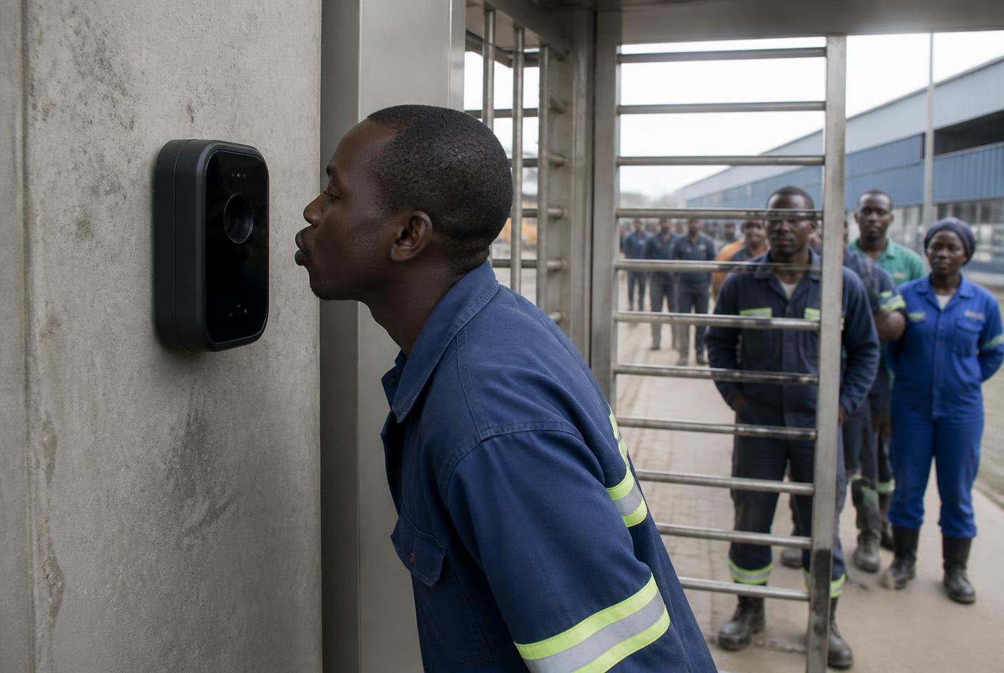 Worker blowing towards a wall-mounted breath alcohol terminal at a plant entrance turnstile