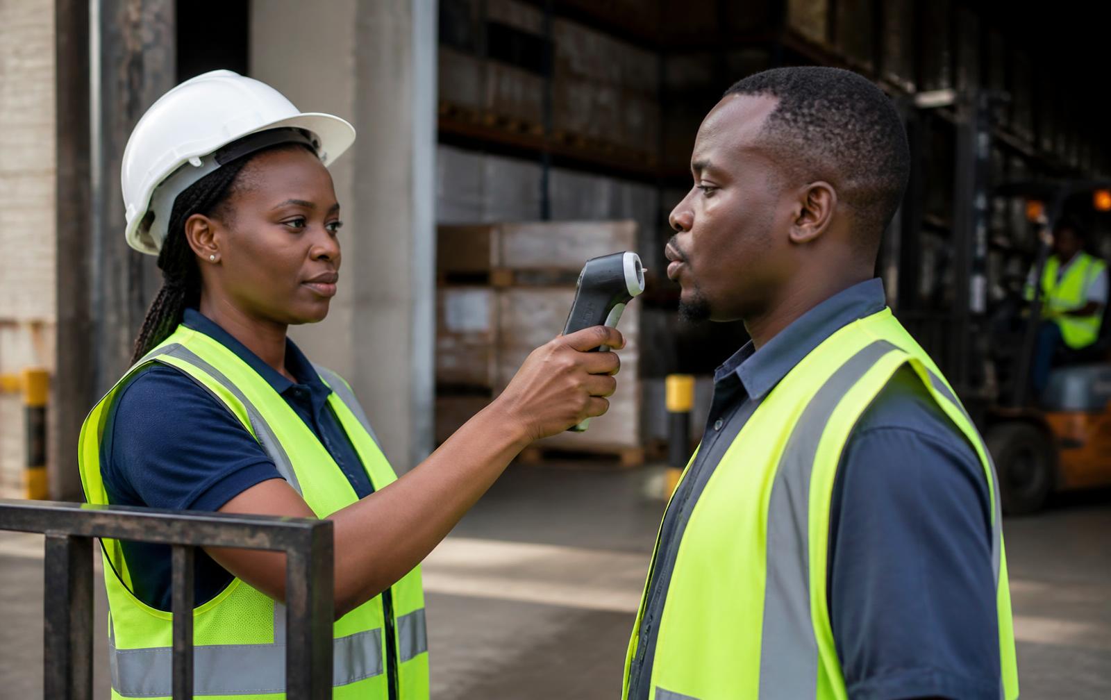 Rwandan safety officer performing a non-contact breath alcohol screening on a warehouse worker at a workplace entry gate